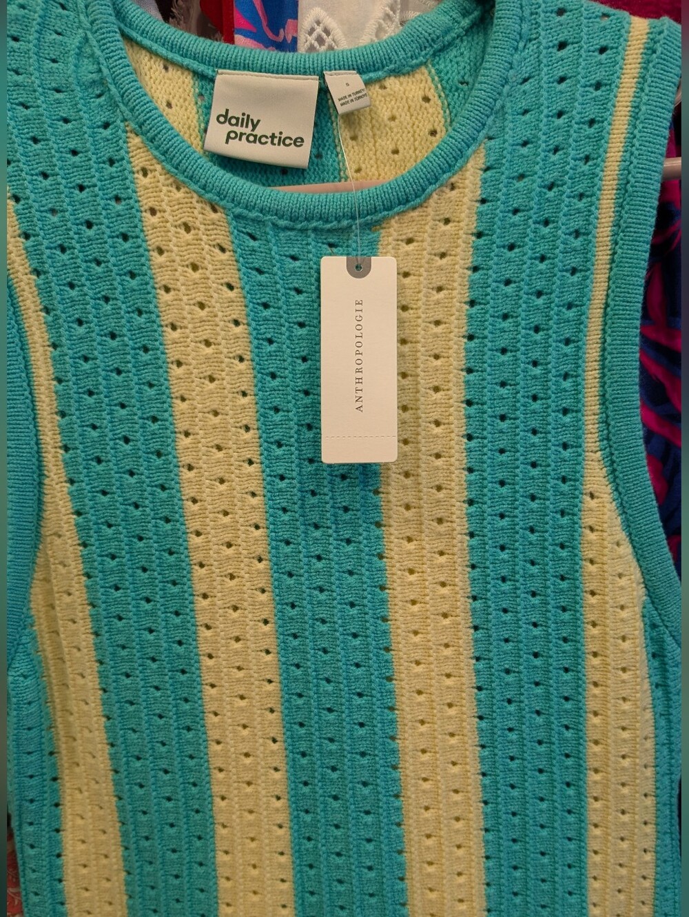 Anthropologie Daily Practice Striped Knit Sleeveless Sweater Dress Teal & Cream